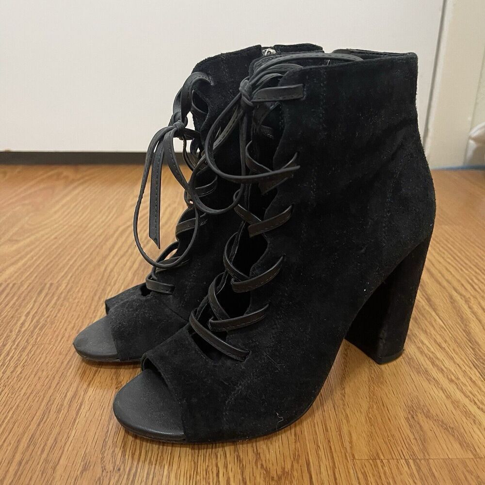 Sam Edelman Black suede lace up ankle peep toe booties size US 6